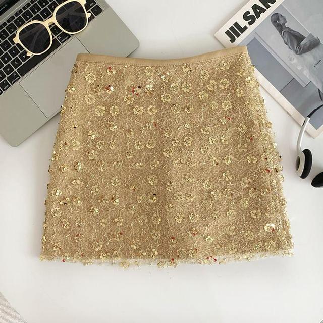 High Waist Sequined A-Line Mini Skirt Product Image