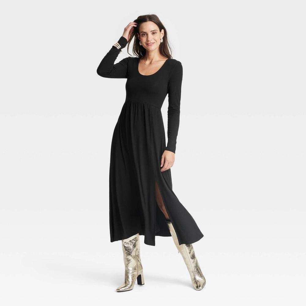 Women's Long Sleeve Knit Ballet Maxi Dress - A New Day™ Black XL Product Image