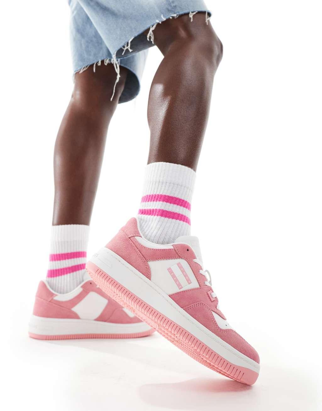 Tommy Jeans retro washed suede basketball sneakers in pink Product Image