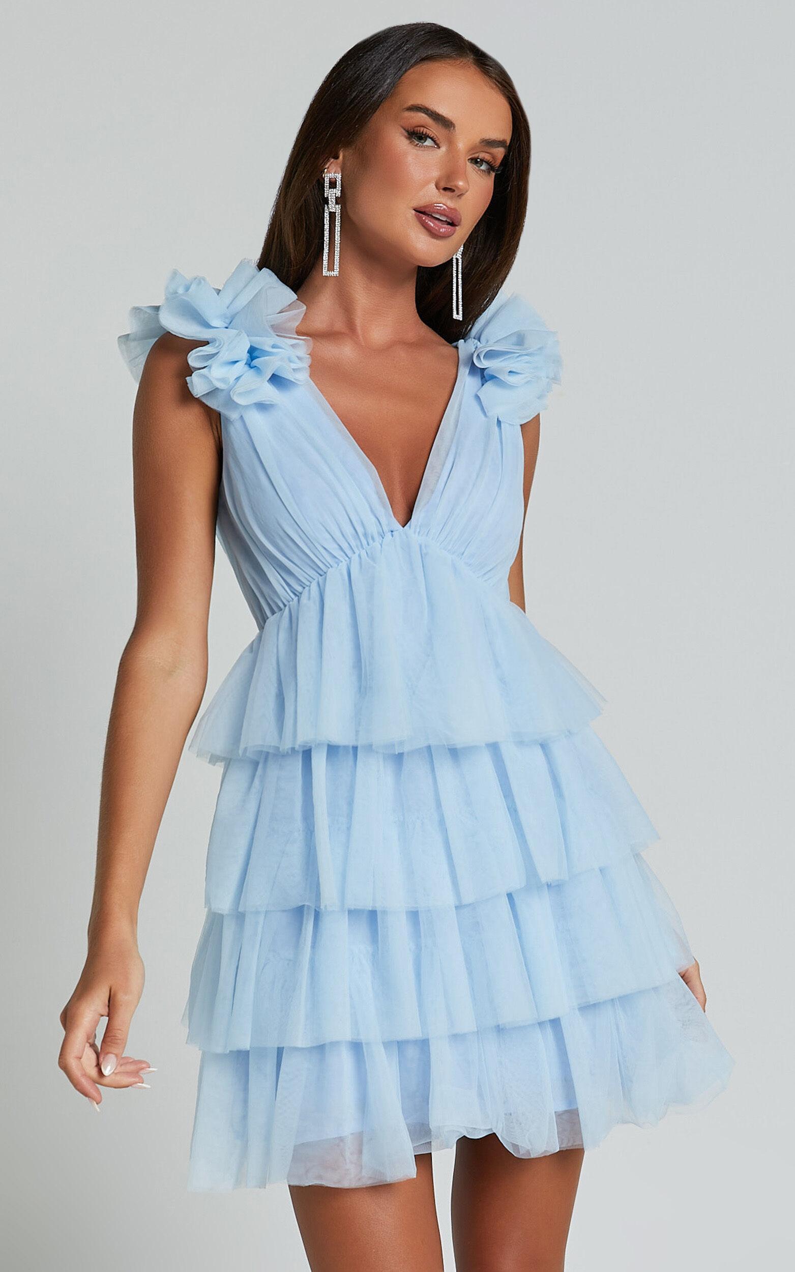 Hayden Mini Dress - Low Back Tulle Tiered Dress in Light Blue Product Image