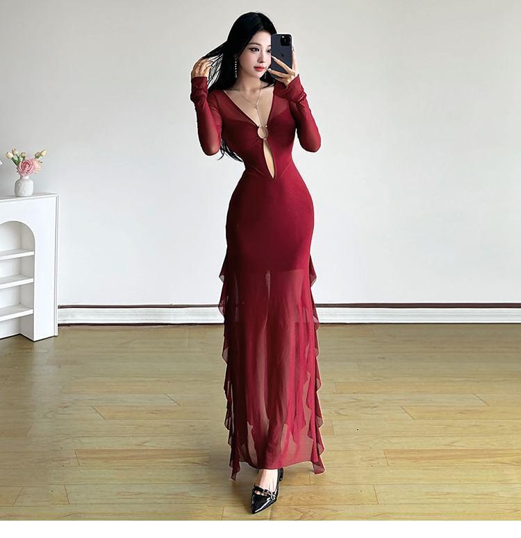 Long-Sleeve V-Neck Plain Ruffle Maxi Sheath Dress Product Image