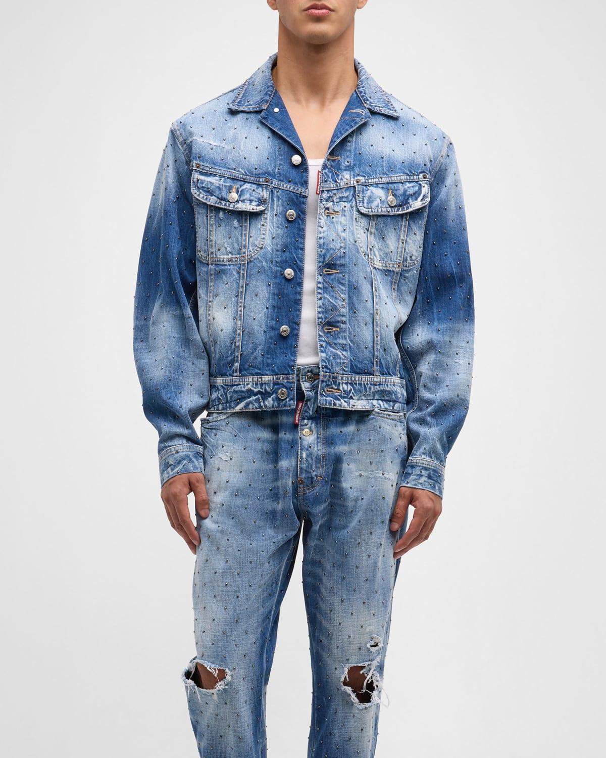 Men's Distressed Embellished Jean Jacket Product Image