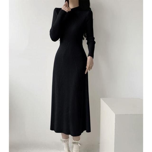 Long-Sleeve Mock Neck Knit Plain Midi A-Line Dress Product Image