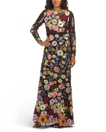 Long Sleeve Floral Embroidered Gown for Women | Polyester Product Image