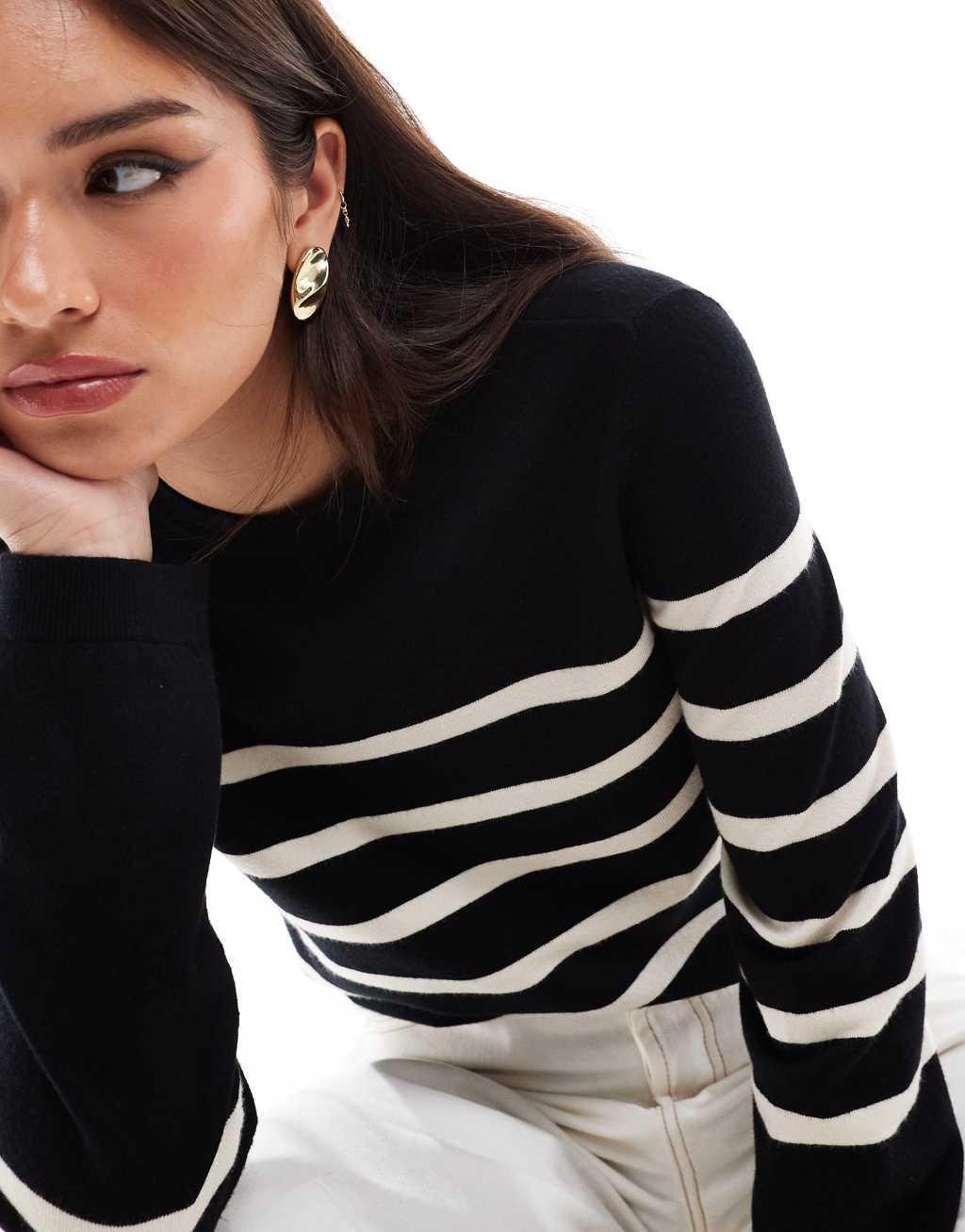 Vero Moda crew neck sweater in black with cream stripes Product Image