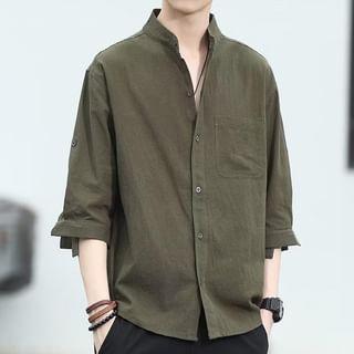 Elbow-Sleeve Plain Pocket Detail Shirt Product Image