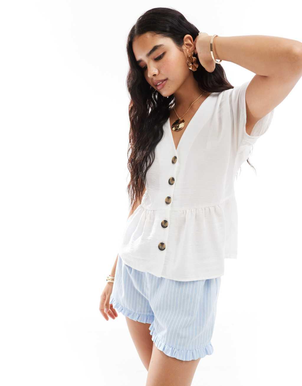 ASOS DESIGN linen look peplum button front top in ivory Product Image