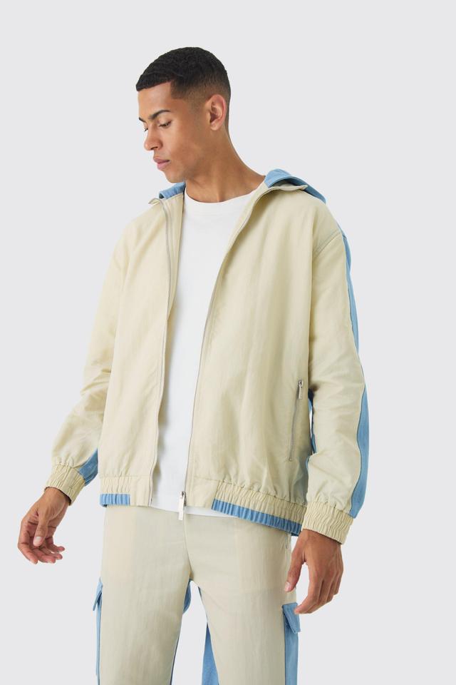 Crinkle Nylon And Denim Hooded Jacket | boohooMAN USA Product Image