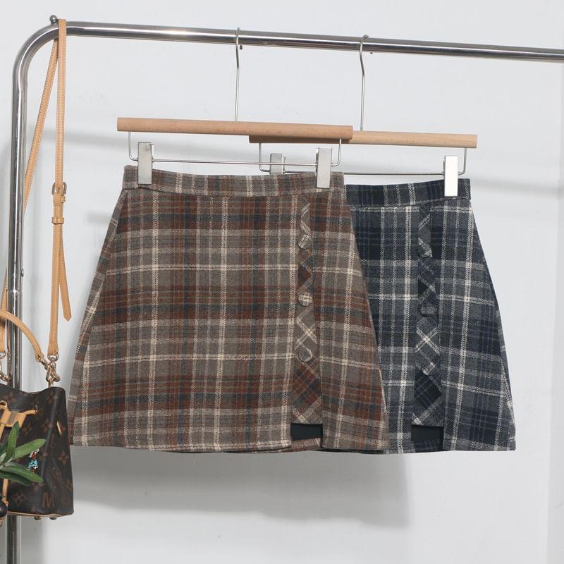 High Rise Plaid Mini A-Line Skirt Product Image