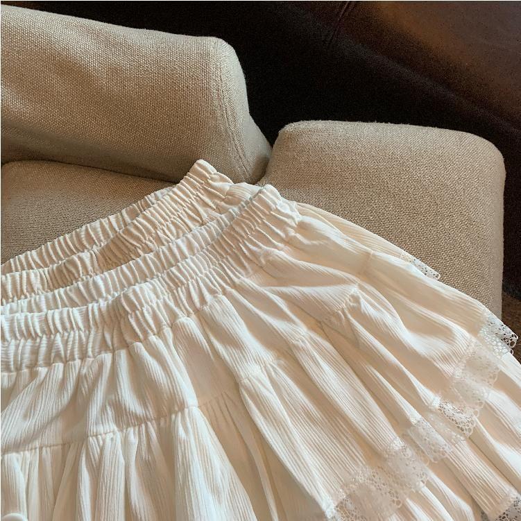 Elastic Waist Plain Tiered Lace Trim Mini A-Line Skirt Product Image