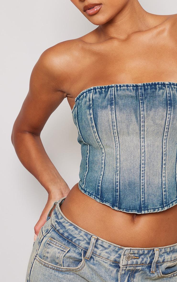 Indigo Vintage Wash Seam Front Denim Corset Top Product Image