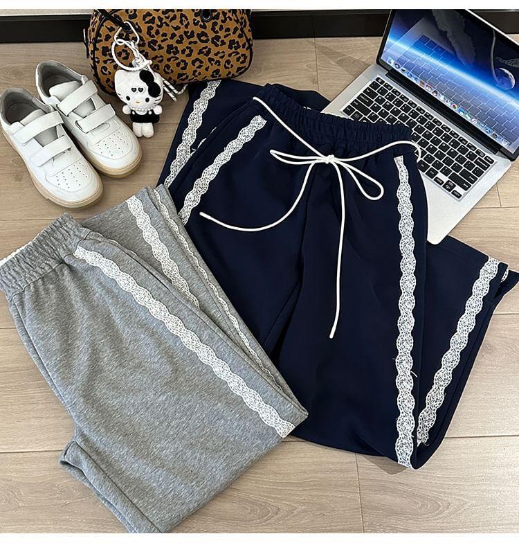 High Waist Lace-Trim Loose-Fit Wide-Leg Sweatpants Product Image