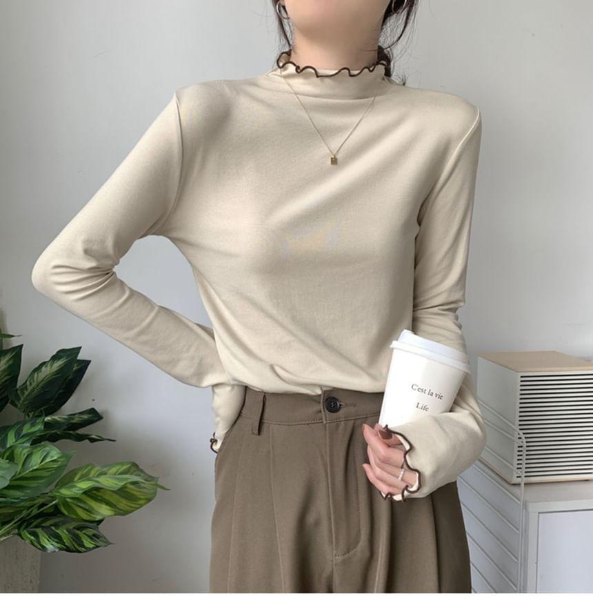 High Neck Long Sleeve Plain Ruffle Hem Tee Product Image