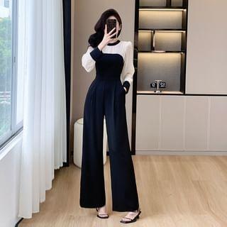 Long-Sleeve Crew Neck Two Tone Jumpsuit Product Image