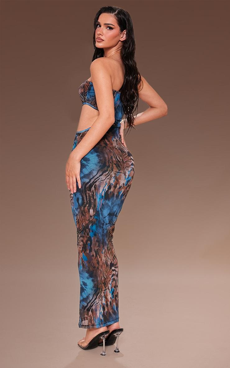 Blue Animal Print Meshed Cut Out Maxi Dress Product Image