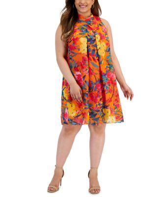 Plus Size Printed Chiffon Mock-Neck Dress  Product Image