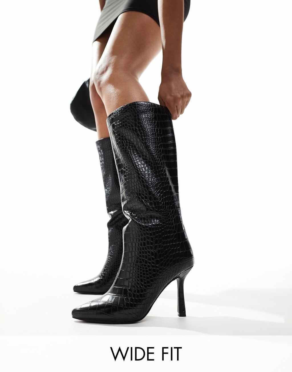 Glamorous Wide Fit kitten heel knee boots in black croc Product Image