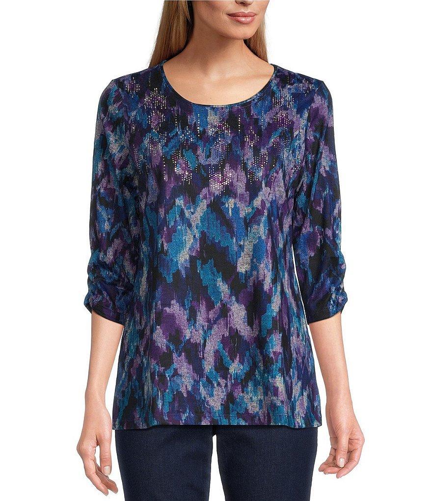 Allison Daley Petite Size Abstract Herringbone Print Embellished 3/4 Ruched Sleeve Crew Neck Abstract Tee Shirt Product Image