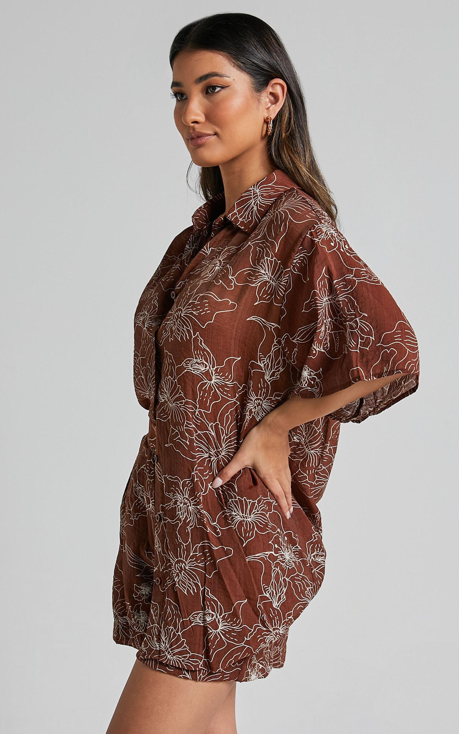 Alofi Top - Collared Button Through Short Sleeve Blouse in Brown Floral Product Image