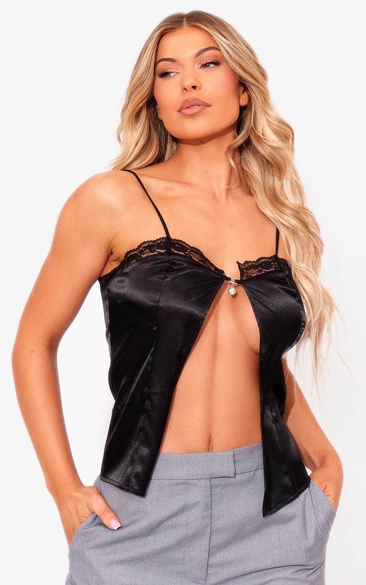 Black Satin Strappy Lace Trim Split Front Cami Top Product Image