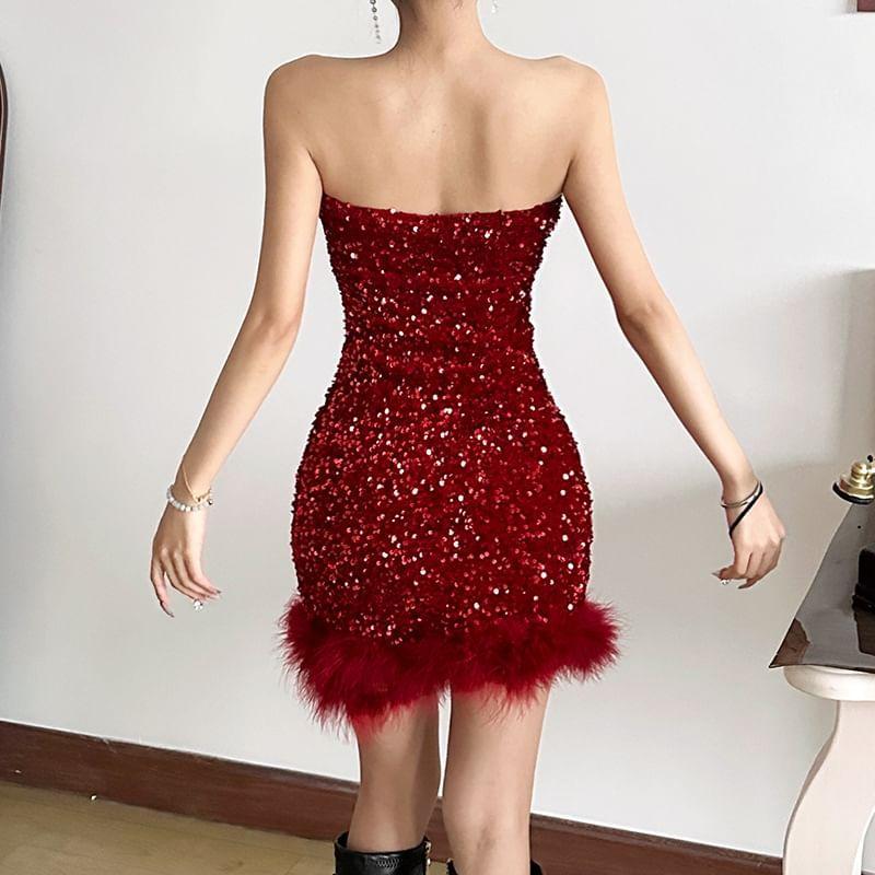 Sweetheart Neckline Glitter Mini Bodycon Dress Product Image