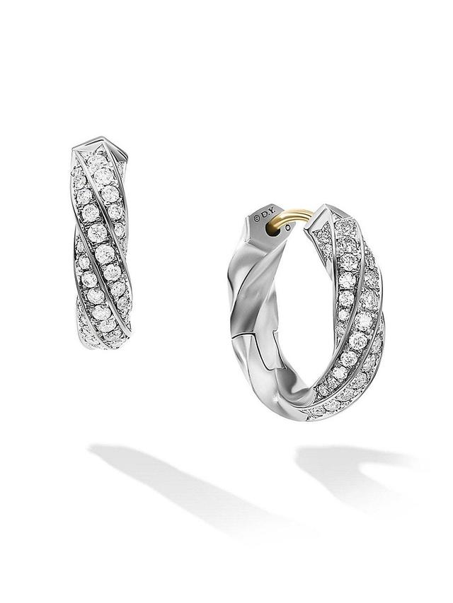 Womens Cable Edge Huggie Hoop Earrings In Sterling Silver With Pav Diamonds Product Image