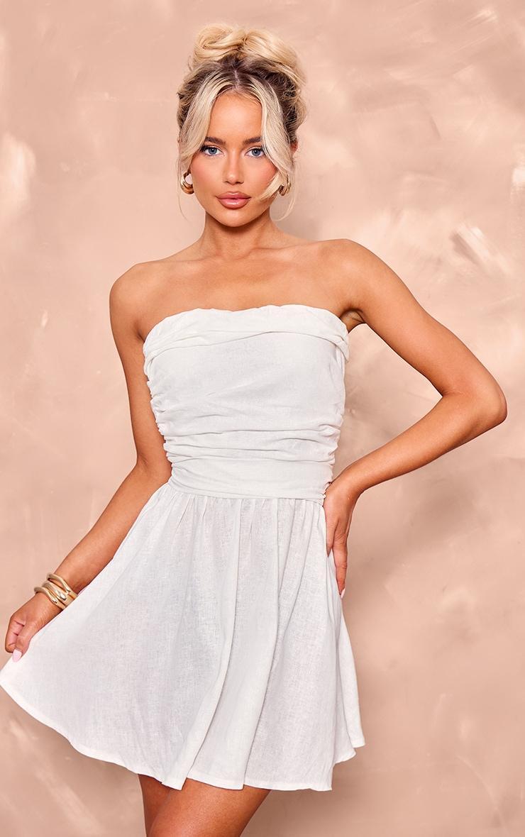 White Linen Look Pleated Shift Dress product image