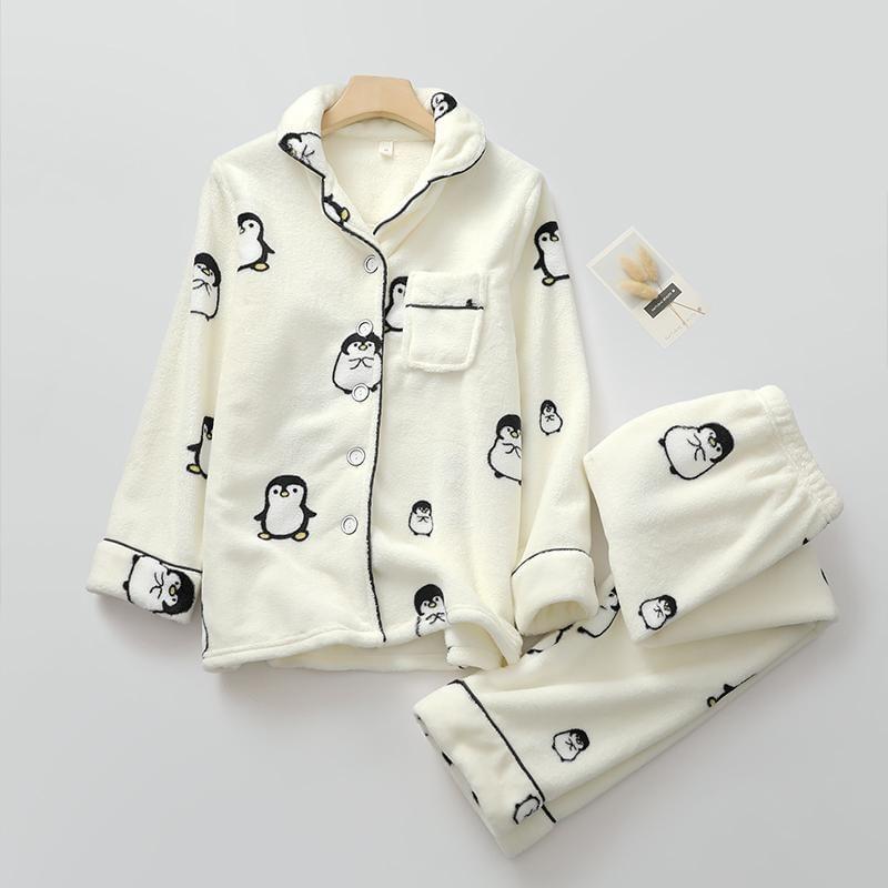 Couple Matching Pajama Set: Long-Sleeve Penguin Print Top + Pants (Various Designs) Product Image