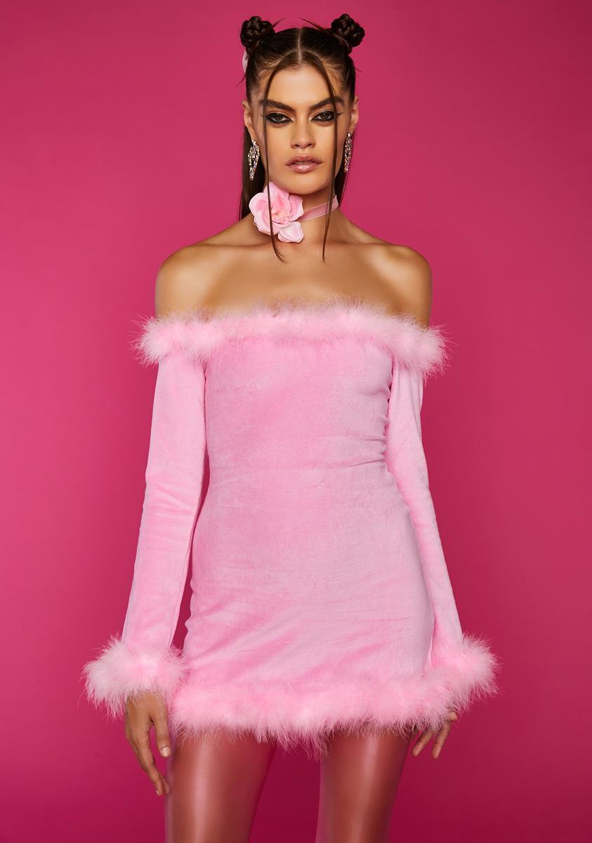 Sugar Thrillz Velour Marabou Off Shoulder Dress - Pink Product Image