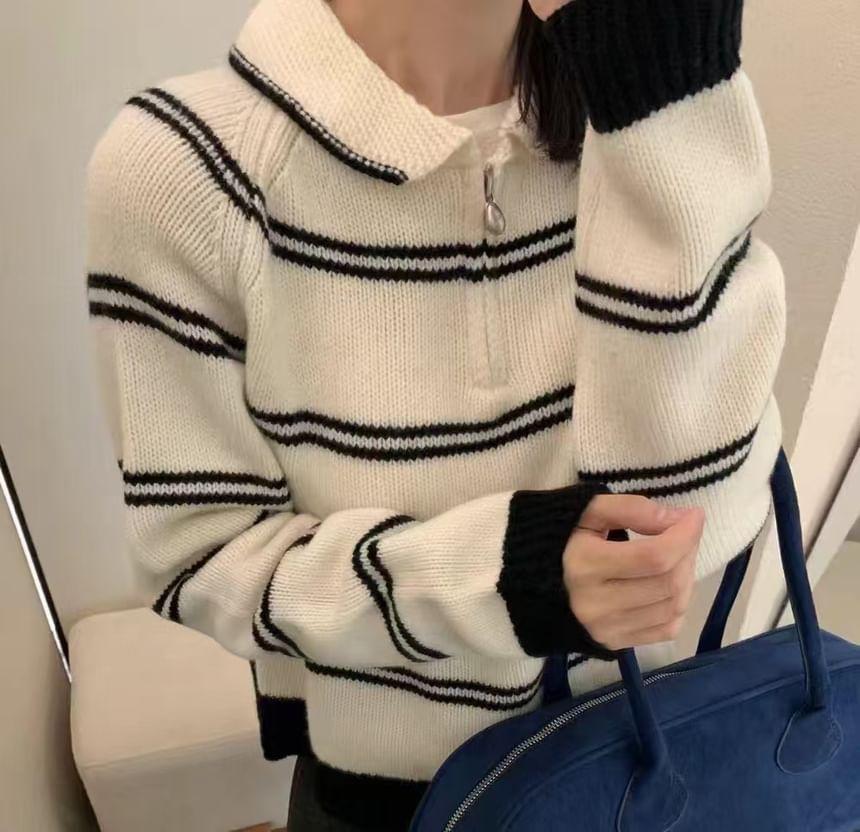 Collared Striped Contrast Trim Half-Zip Sweater Product Image