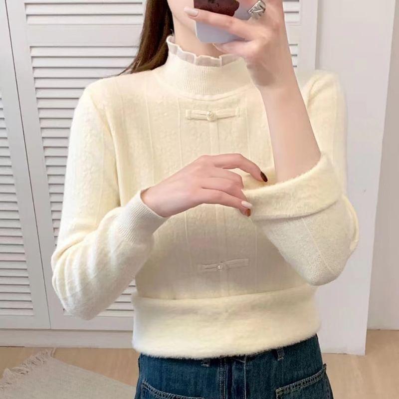 Mock Neck Plain Knot Button Sweater Product Image