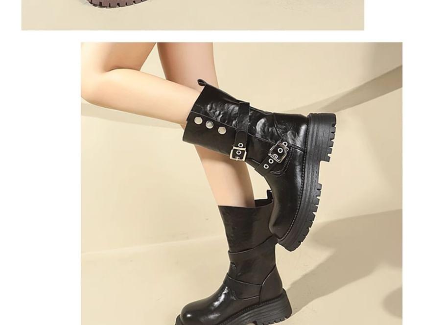 Platform Plain Buckled Mid Calf Boots Product Image