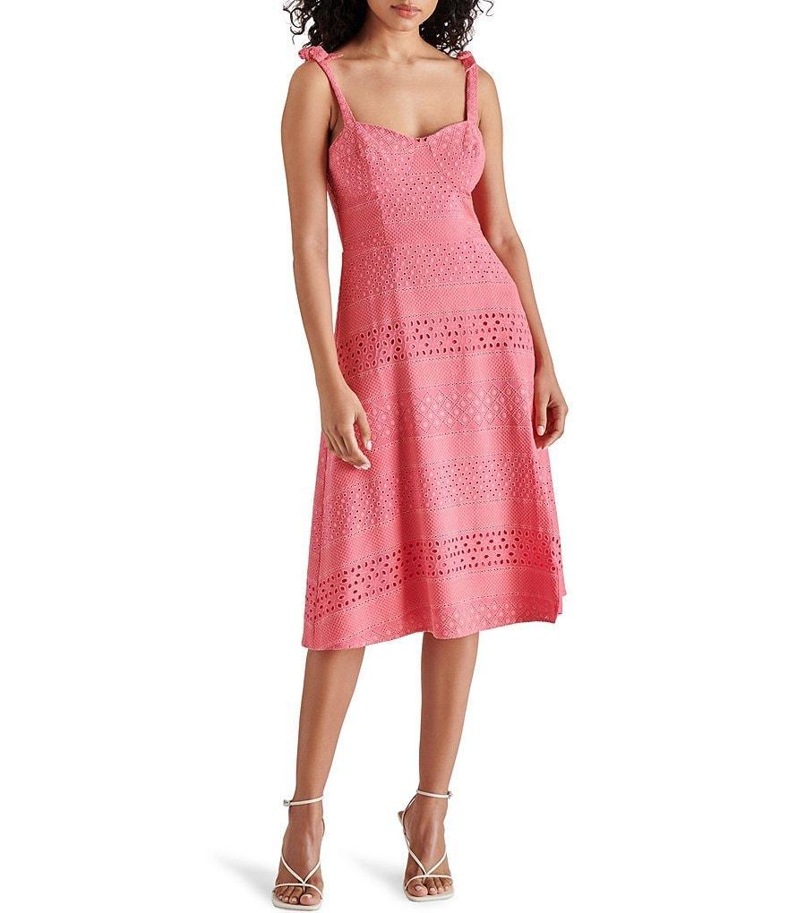 Steve Madden Carlynn Sweetheart Neck Tie Strap Sleeveless Eyelet Midi Dress Product Image