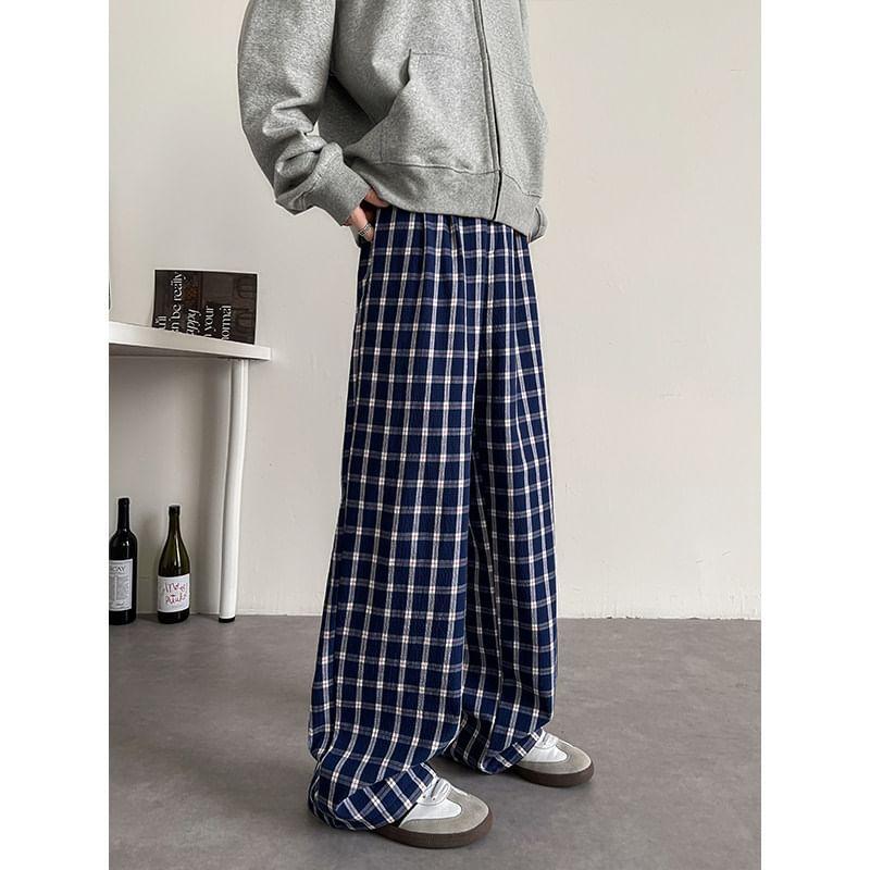 Mid Rise Plaid Fleece-Lined Straight Leg Pants Product Image