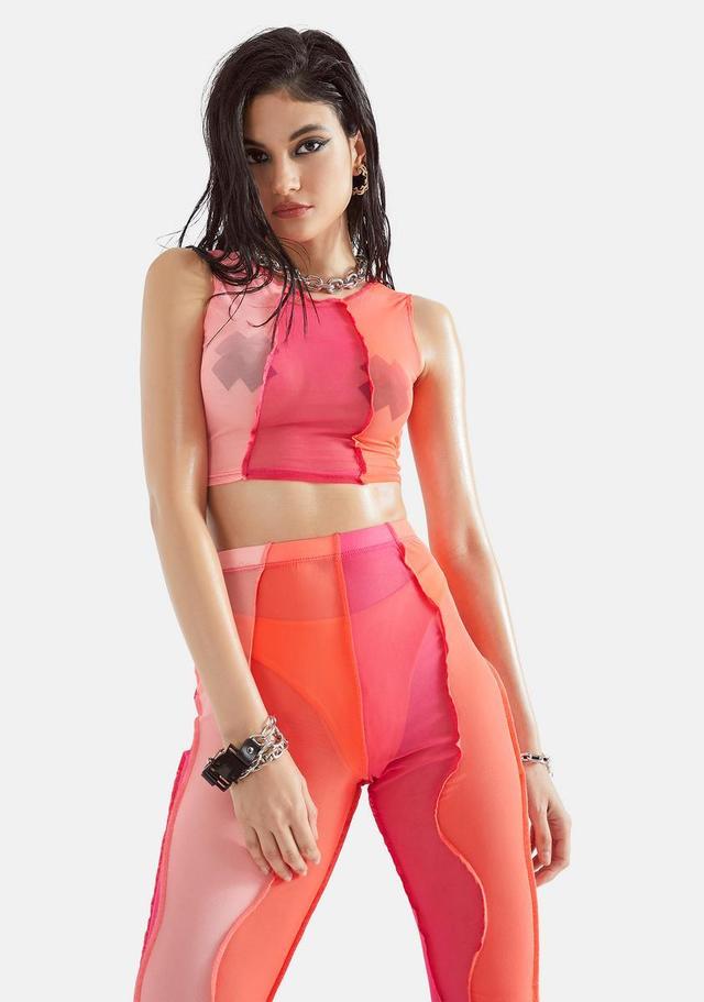 Colorblock Wavy Mesh Tank Top And Leggings Set - Pink Product Image