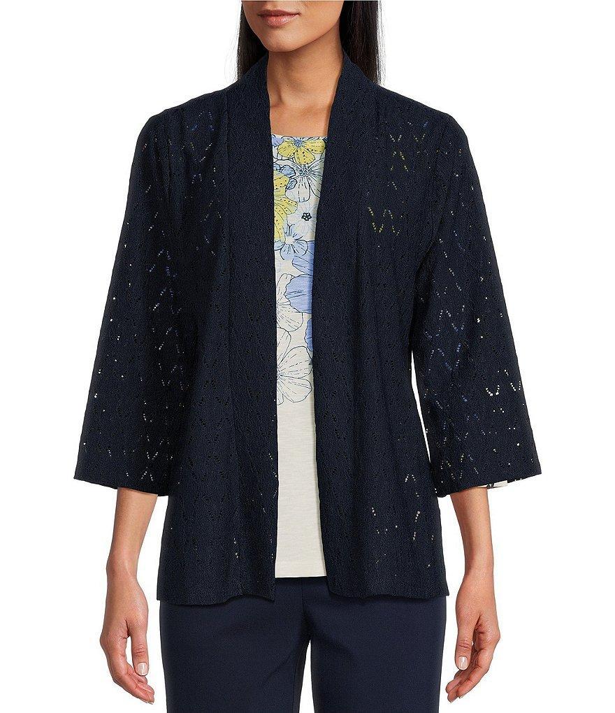 Allison Daley 3/4 Sleeve Open Front Crepe Eyelet Knit Cardigan product image