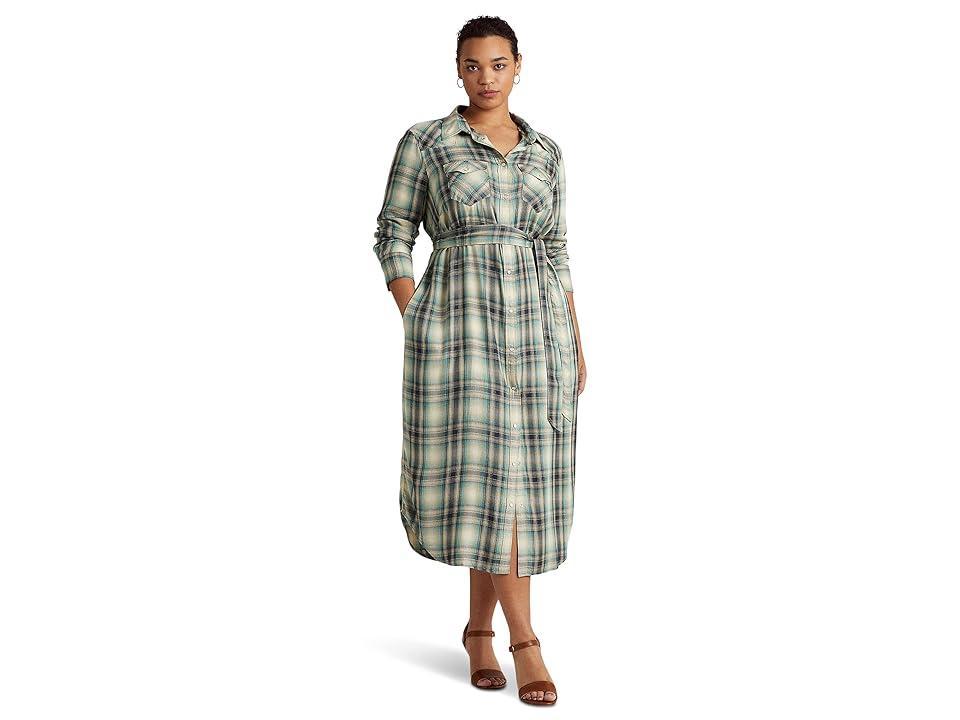 Lauren Ralph Lauren Plus Size Plaid Twill Shirtdress (Blue/Green ) Women's Dress Product Image