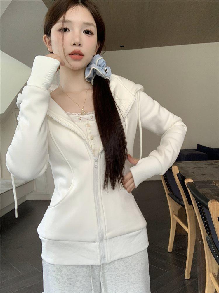 Plain Zip-Up Hoodie / Drawstring Waist Wide Leg Sweatpants Product Image