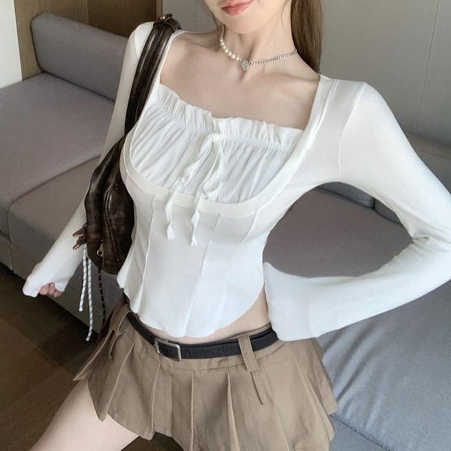 Long-Sleeve Square Neck Plain Bow Ruffle Trim Crop Slim Fit Tee Product Image