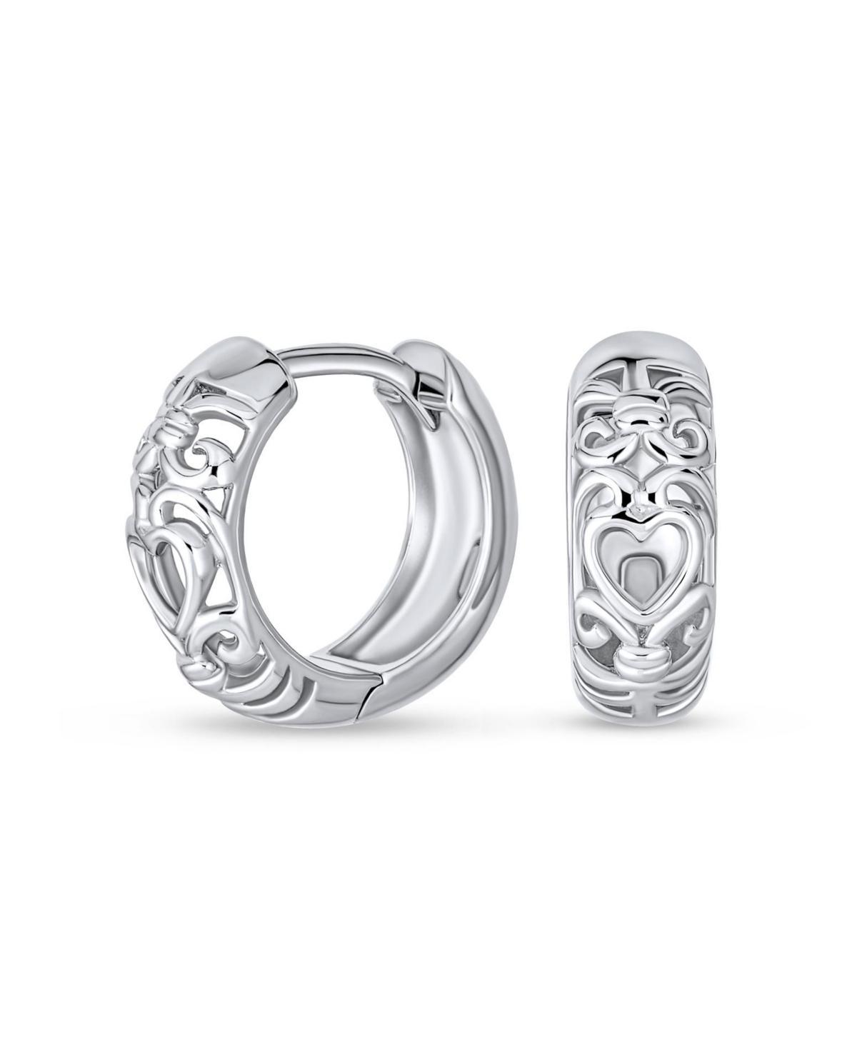 Romantic Open Heart Cut Out Filigree Endless Huggie Small Hoop Earrings For Women Teens Girlfriend Hinged .925 Sterling Silver Product Image