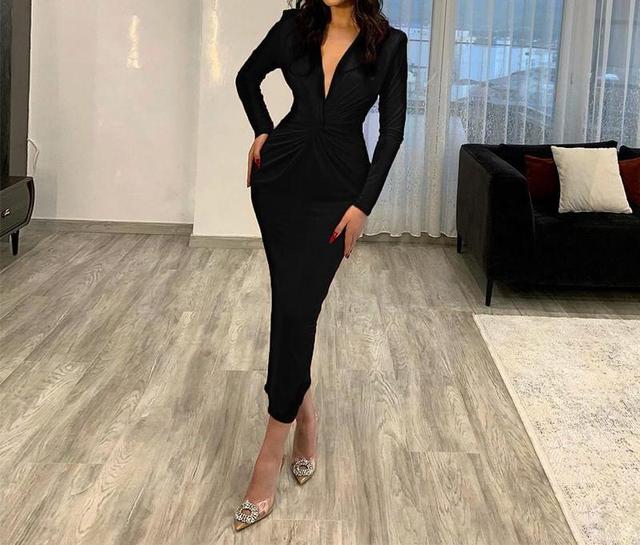 Long-Sleeve V-Neck Plain Knotted Midi Bodycon Dress Product Image