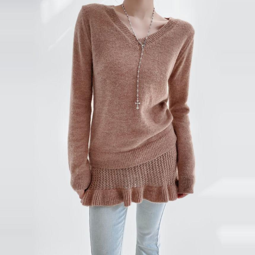 V-Neck Plain Ruffle Hem Sweater Product Image