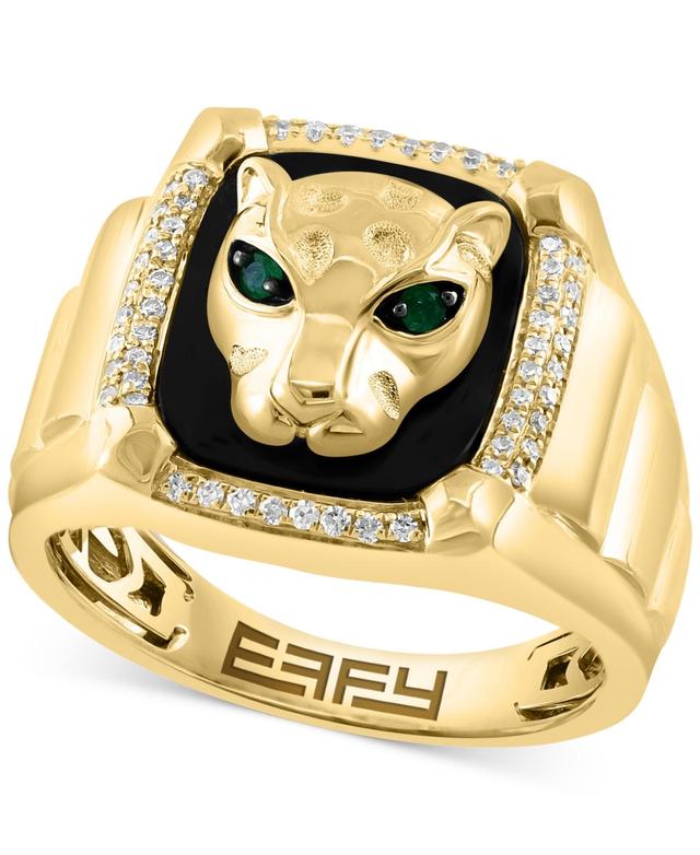 Effy Mens Onyx, Diamond (1/5 ct. t.w.) & Emerald (1/20 ct. t.w.) Panther Signet Ring in 14k Gold Product Image