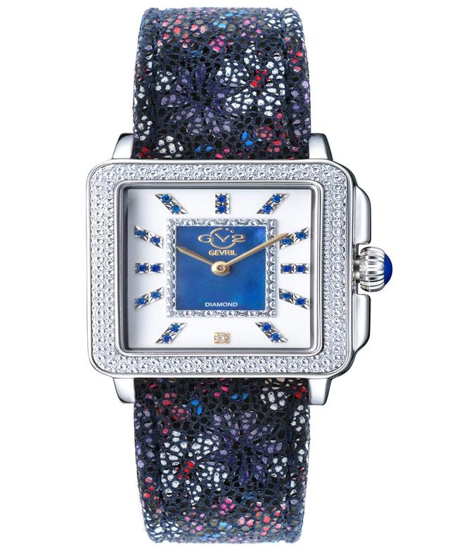 Gevril Womens Padova Gemstone Floral Swiss Quartz Italian Blue Leather Strap Watch 30mm Product Image