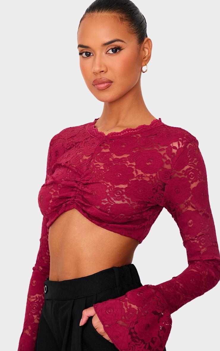  Burgundy Lace Extreme Crop Long Sleeved Top Product Image