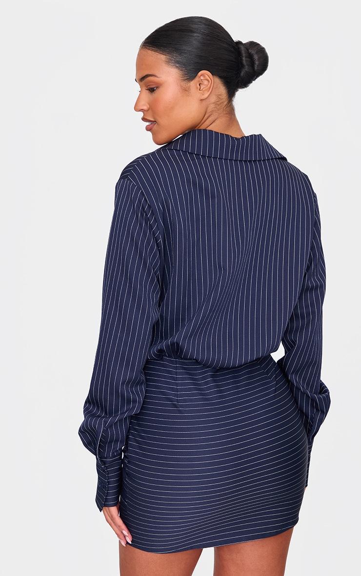 Tall Navy Pinstripe Shirt Ruched Mini Dress Product Image