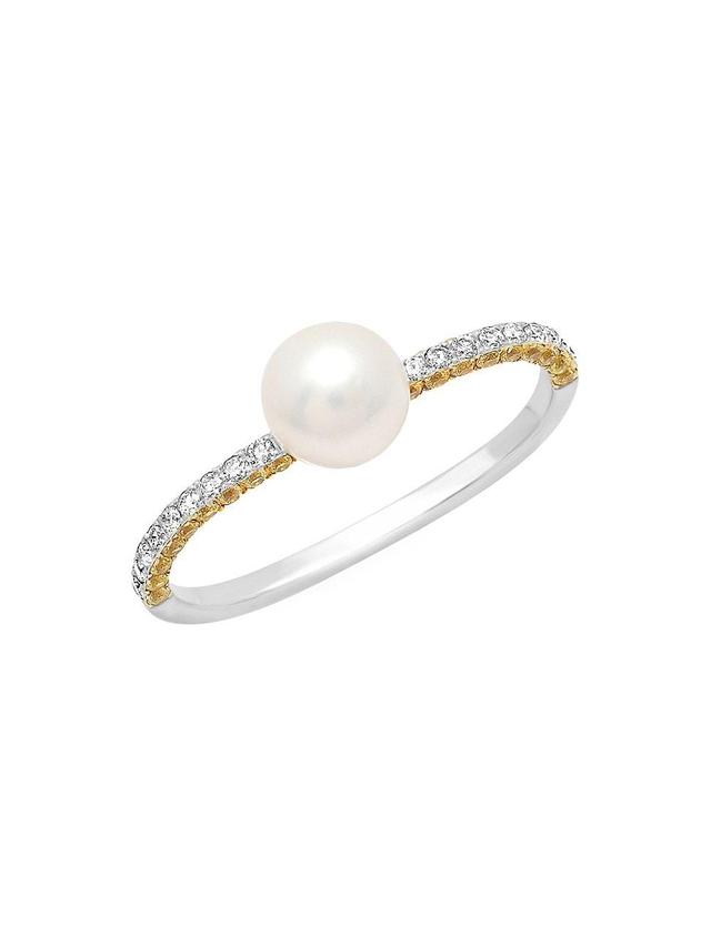 Womens 18K White Gold, 11.5MM Pearl, Diamond & Yellow Sapphire Double-Finger Ring Product Image