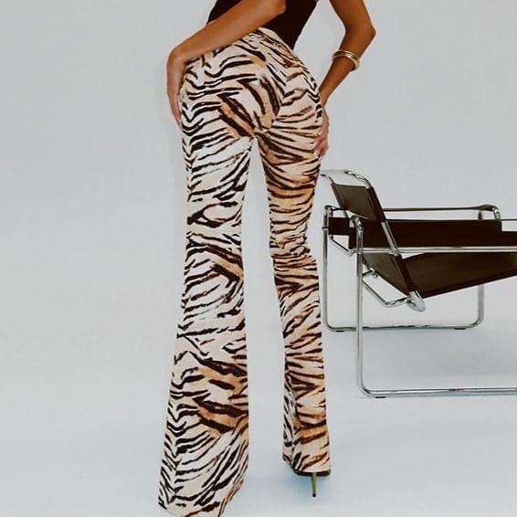 High Waist Tiger Print Flared Pants Product Image