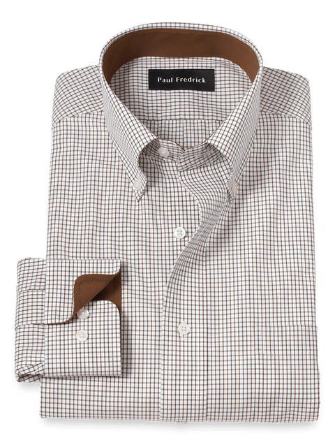 Non-Iron Cotton Check Dress Shirt With Contrast Trim - Brown/white Product Image