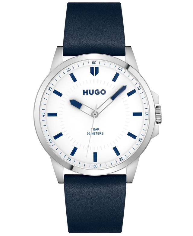 Hugo Boss Mens First Blue Leather Strap Watch 43mm - Silver Product Image